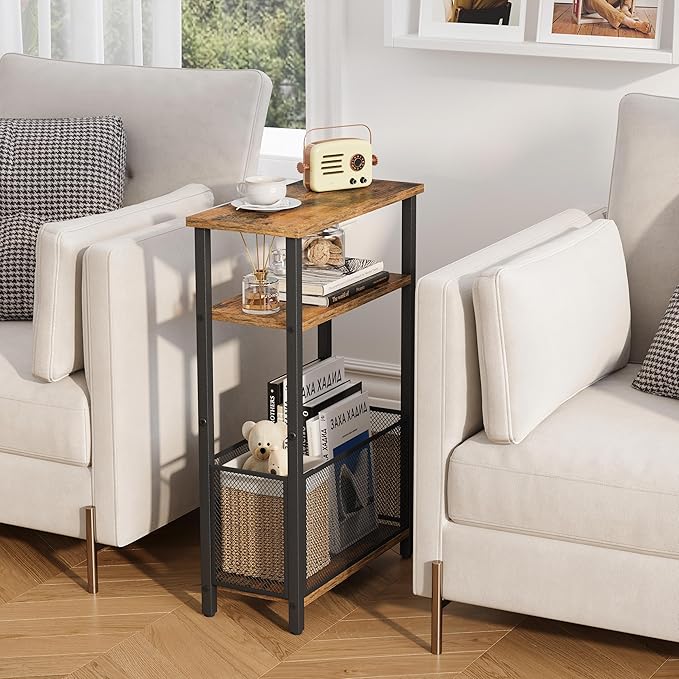 Narrow Side Table with Storage Basket Skinny End Tables for Smalls Spaces 3 Tier Sofa Table Small Nightstand Slim Bedside Table for Living Room Bedroom Rustic Brown MLBZ22RB