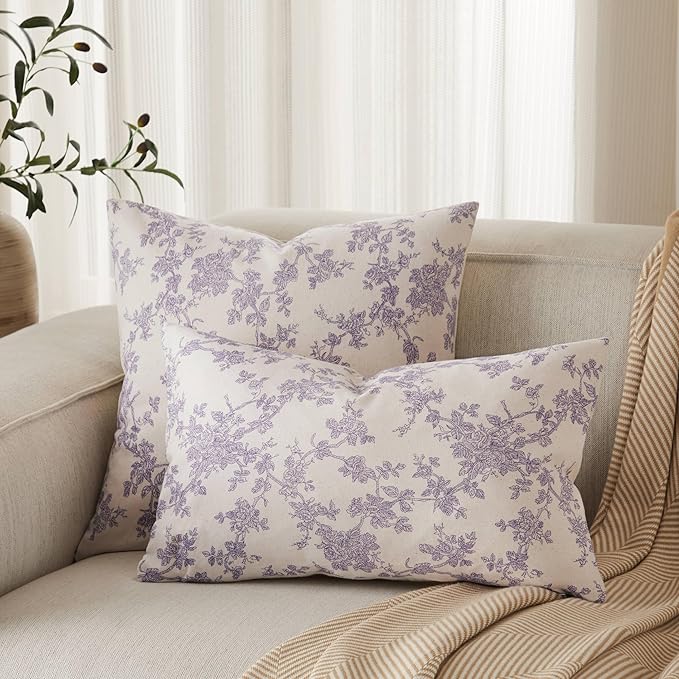 100% Cotton French Pastoral Throw Pillow Covers Set of 2, 16x16 Inch Purple Farmhouse Decorative Cushion Covers for Sofa Bed Living Room Home Decor