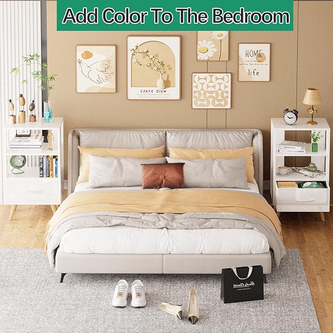 Night Stand, White Nightstand with Drawer, Side Table with Open Storage, 3-Tier Modern End Table, Bedside Table for Small Space, Living Room, Bedroom
