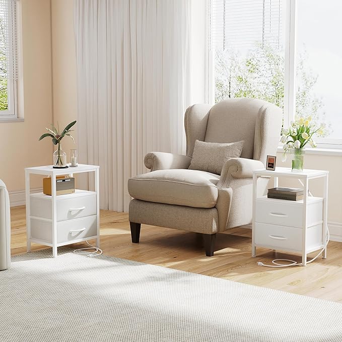 DUMOS Nightstand Set of 2 with Built in Charging Station USB Ports and Outlets Adjustable Fabric Drawer Storage Bedside Table with Open Shelf for Bedroom,White