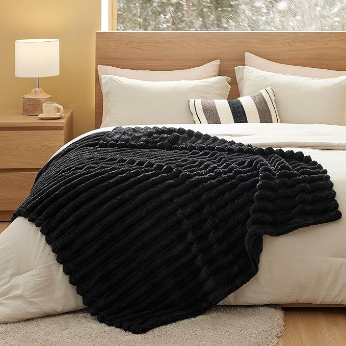 Bedsure Black Throw Blanket for Couch - 350GSM Super GentleSoft Fuzzy Fluffy Cozy Fleece Blankets for Women, Cute Small Plush Throws for Girls, 50x60 Inches, Wider Striped Design