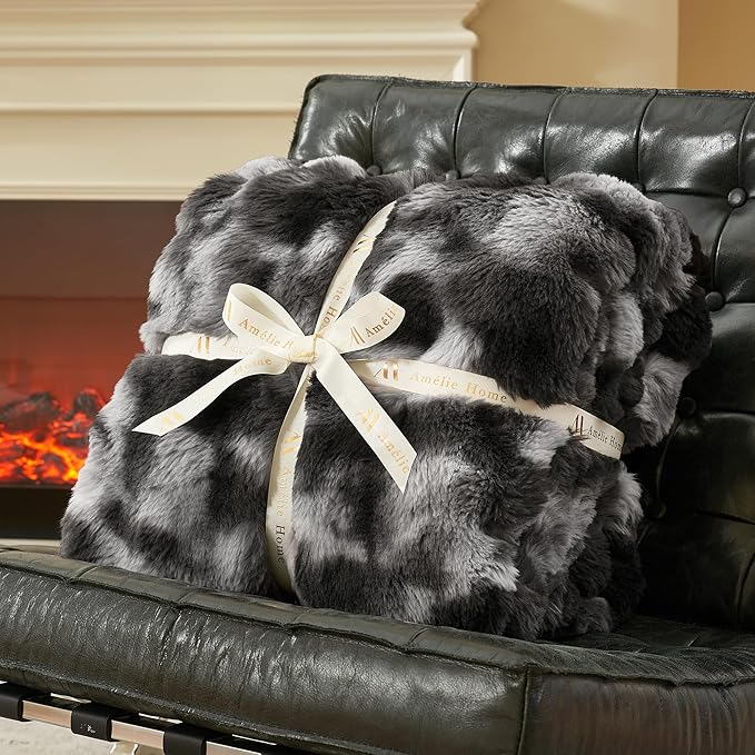 Amélie Home Faux Fur Throw Blanket for Couch, Ultra Soft Fuzzy Plush Bubble Throw for Sofa, Living Room & Home Decor, 50"x60", Tie-dye Black