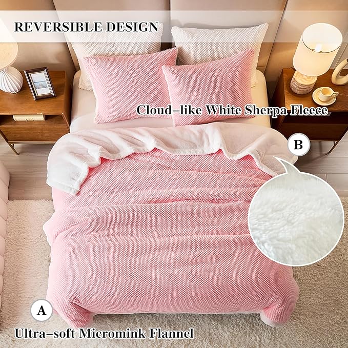 Luxury Flannel Fleece Sherpa Blankets King Size for Bed, Jacquard Boho 3-Layer Thick and Warm Blanket for Winter, Soft Cozy Fuzzy Plush Velvet Blanket with 2 Pillow Cases, Pink, 102x88 Inches