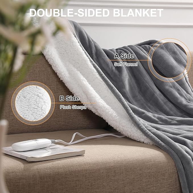 Heated Blanket Twin Electric Blanket 62X84in - Fast Heating Blanket for Adults Ultra Soft Flannel & Warm Sherpa with 5 Heat Levels & 10 Hrs Timer, Machine Washable, Office Use for Winter(Gray)