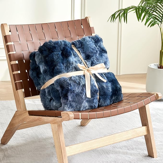 Luxury 1000GSM Faux Rabbit Fur Throw Blanket, Super Heavy Warm Cozy Blankets for Couch Bed Sofa, Bubble Plush Fuzzy Elegant Soft Reversible Mink Blanket for Living Room Bedroom, Tie-dye Blue