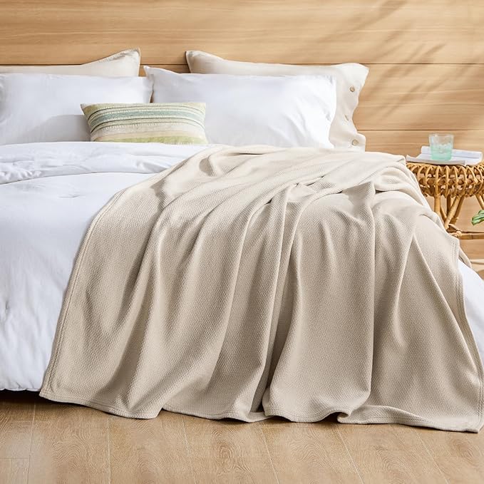 Bedsure GentleSoft 100% Cotton Large Throw Blanket for Couch 50x70 inches - Breathable and Lightweight, Soft Cozy Herringbone Woven Cotton Throw for Summer Spring, Linen Beige Office Chair Blanket