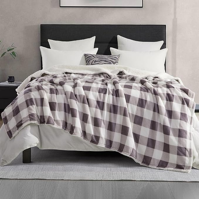 Elegant Comfort Ultra Soft Reversible Buffalo Plaid Flannel Sherpa Blanket - Cozy Silky Checkered Fleece Throw for Couch, Bed - Plush Fuzzy Warm Winter Blanket for Gift, Queen, Gray