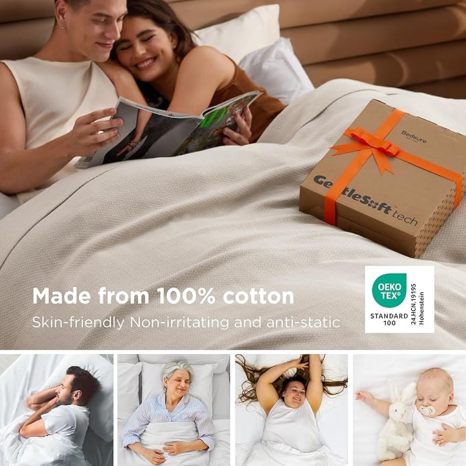 Bedsure GentleSoft 100% Cotton Large Blanket Oversized King for Bed 120x94 inches - Breathable Soft Cozy Herringbone Woven Blanket for Summer, Couch Cover, Linen Beige