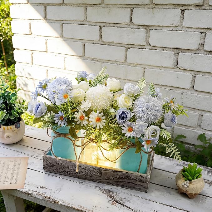 Mason Jar Lights Centerpiece Table Decor for Dining Room Farmhouse Wood Tray with 3 Jars Blue Flowers Valentines Day Decoration for Coffee Table Kitchen Living Room Wedding Spring Decoration