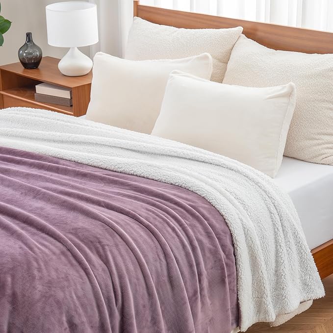 Berkshire Blanket-Sherpa Fleece Blanket, Warm and Soft Loftmink Reversible Blanket for Bed, Sofa and Travel, Plum Smoke, 90 in x 108 in