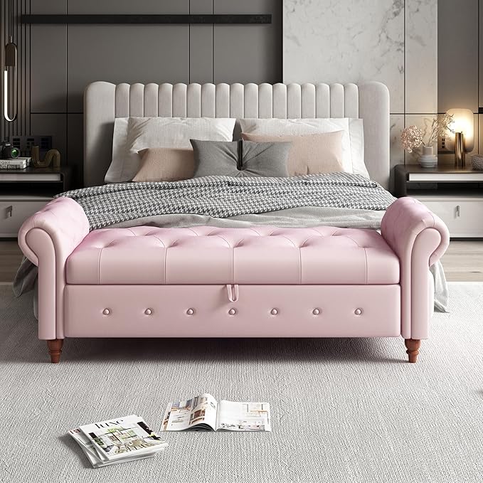 Aoowow Rolled Arm Storage Benches for Bedroom End of Bed Ottoman Bench 63" Long Bench with Storage and Seating for Living Room,Entryway,Window,Button Tufted with Solid Wood Legs (Velvet Pink)