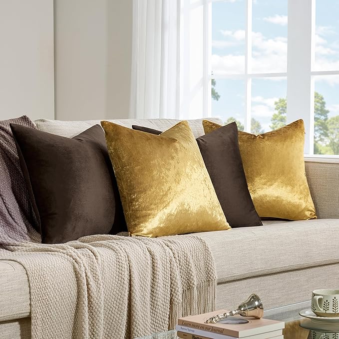 GIGIZAZA Brown Gold Pillow Covers 20x20,Velvet Soft Throw Pillow Covers Set of 4 Square Decorative Modern Pillows Covers for Living Room