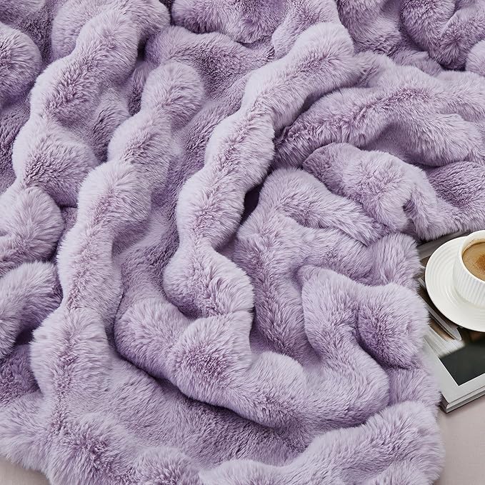 JONIYEAR Soft Fuzzy Bubble Faux Rabbit Fur Throw Blanket 50" x 60", Reversible Aesthetic Warm Thick Fluffy Blanket for Winter,Luxury Cozy Puffy Shaggy Plush Furry Blankets for Couch Sofa, Lilac Purple