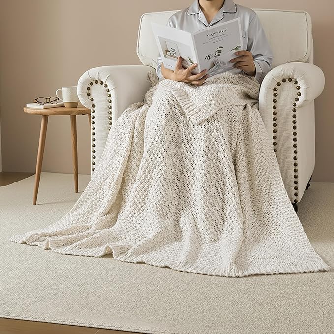 WDCOZY Chunky Cable Knit Throw Blanket Super Soft Warm Knitted Throw Blanket for Couch, Sofa, Chair, Bed Lightweight Breathable Cozy Comfortable Home Decorative Ivory Cream White 60x80 Inches