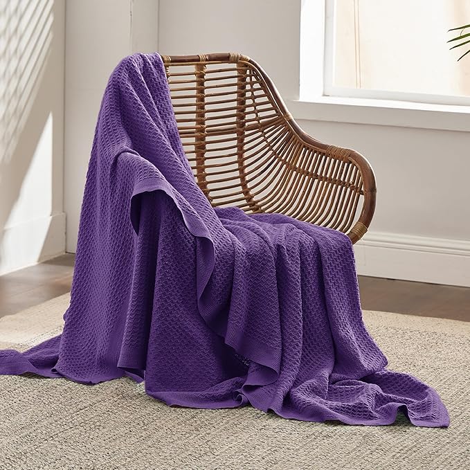 Bedsure Gentlesoft 100% Cotton Blanket Twin XL Size for College Dorm - Breathable and Soft for Spring Summer, Waffle Weave Twin Blanket for Bed, Dorm Room Essentials, Purple, 66x90 inches