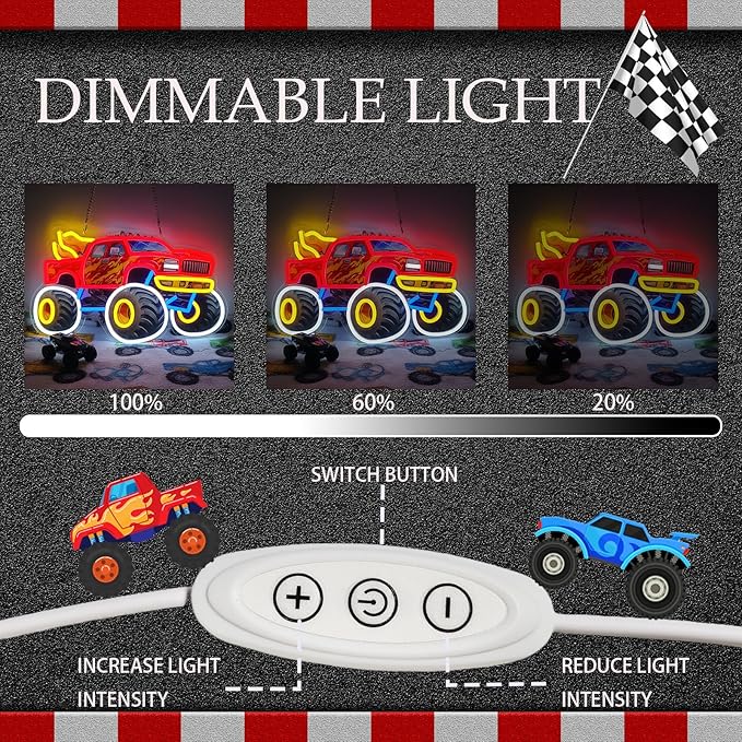 Monster Truck Neon Sign for Wall Decor, LED Dimmable Light for Boys Kids Room, Holiday Birthday Christmas Gift Decoration, 16.5 x 10 in