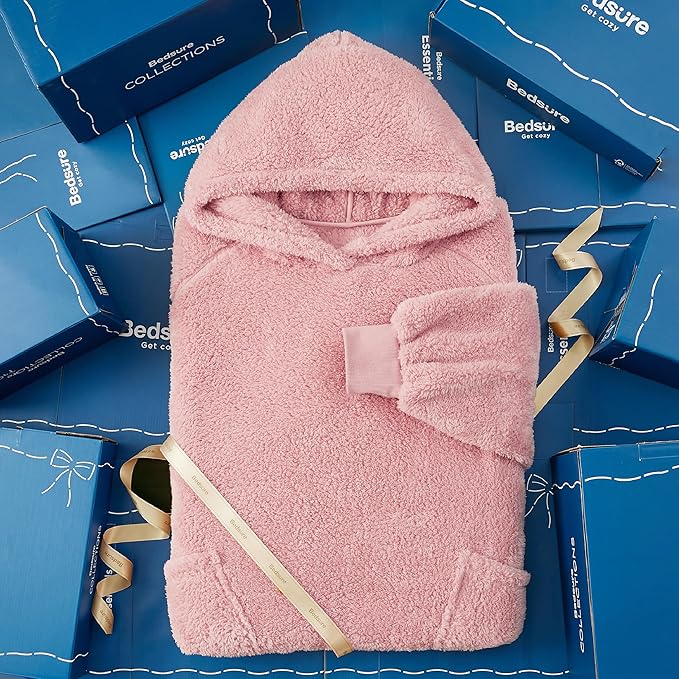 Bedsure Pink Blanket Hoodie, Wearable Blanket Hoodies as Birthday Mothers Day Gifts for Girlfriend Wife Women Men, Warm Cozy Fluffy Soft Sweatshirt Hooded Blankets With Sleeves for Women Men Adults