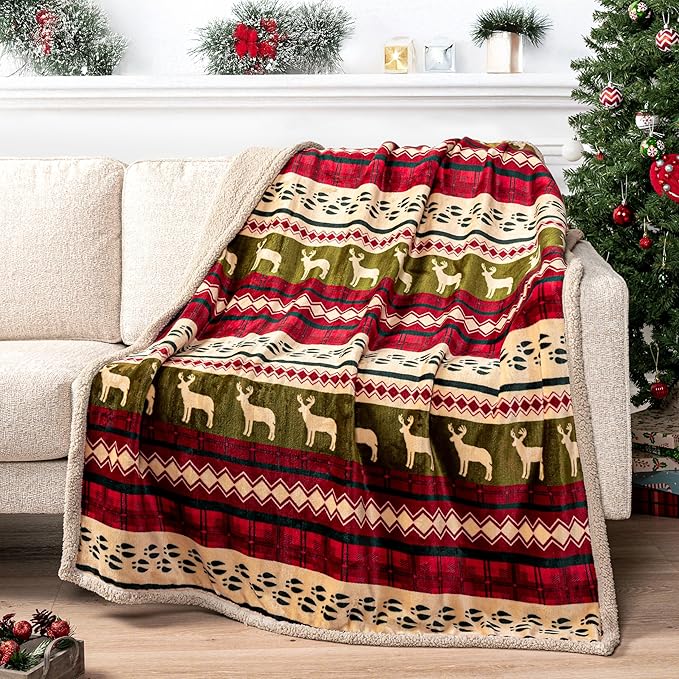 PAVILIA Premium Christmas Sherpa Throw Blanket, Green Red Cabin Design with Reindeer Print, Ultra Soft Reversible Fleece & Sherpa 90x90 Queen Winter Blanket, Cozy Christmas & Holiday Decor
