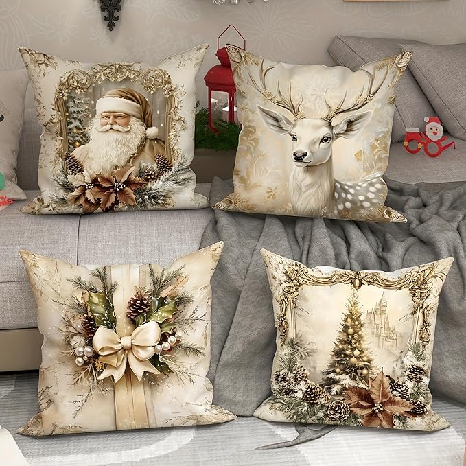 Elegant Christmas Throw Pillow Covers, Vintage White with Gold Floral Design, Winter Holiday Theme with Santa and Reindeer, Decorative Cushion Cases，Short Plush