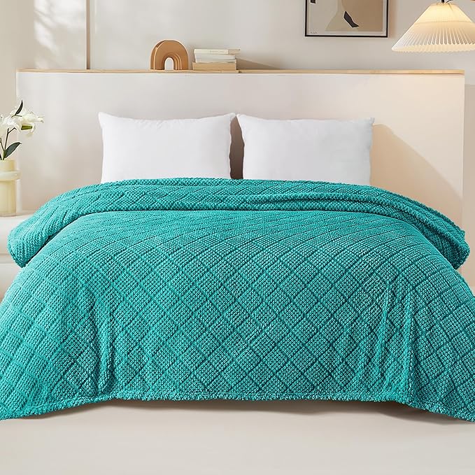 Whale Flotilla Fuzzy Fleece Twin Size Blanket for Bed, Soft Fluffy Jacquard Waffle Blankets for All Season, Lightweight and Warm, 60x80 Inch, Teal
