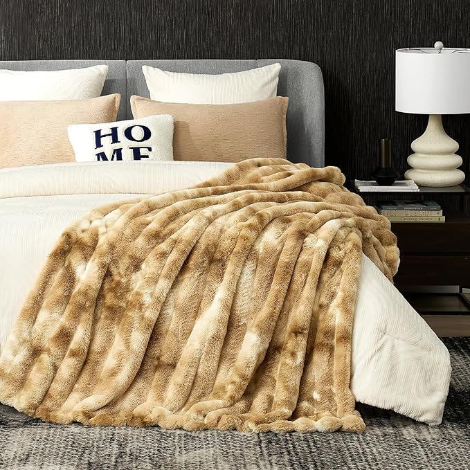 Cozy Bliss Deluxe Striped Rabbit Faux Fur Throw Blanket, Soft Fluffy Warm Plush Blanket for Winter, Modern Homr Decor, Tie-dye Khaki 60"x80"