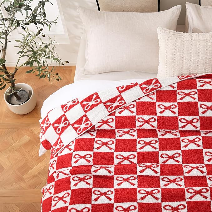 YIRUIO Red Checkered Knit Throw Blanket - with Bow Pattern for Women Daughter, 50x60 Size Ultra Soft Microfiber Reversible,Fluffy Fuzzy Cozy Throw for Bed, Sofa & Couch, Home Decor