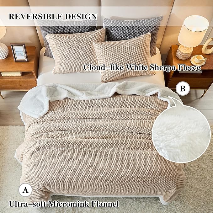 Luxury Flannel Fleece Sherpa Blankets King Size for Bed, Jacquard Boho 3-Layer Thick and Warm Blanket for Winter, Soft Cozy Fuzzy Plush Velvet Blanket with 2 Pillow Cases, Khaki, 102x88 Inches