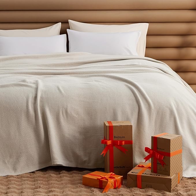 Bedsure GentleSoft 100% Cotton Large Blanket Oversized King for Bed 120x94 inches - Breathable Soft Cozy Herringbone Woven Blanket for Summer, Couch Cover, Linen Beige