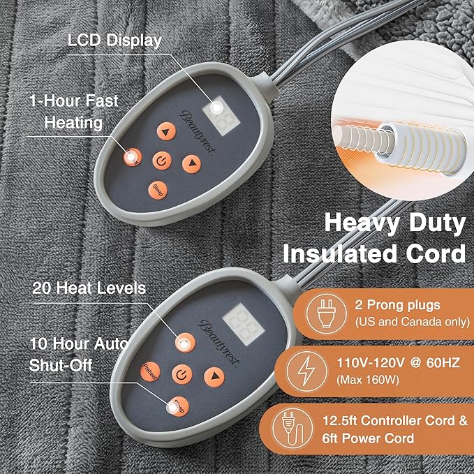 Beautyrest Heated Blanket, Electric Blanket, Soft, Warm, Reversible Plush - Sherpa Heating Blanket with 20 Heat Settings, 1–10 hrs Timer Auto Shut Off, Machine Washable, King (90 in x 100 in), Grey