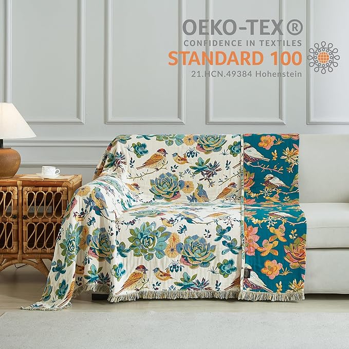 Boho Throw Blanket for Bed 90”x98”, 100% Cotton Woven Blanket for Couch Sofa, Ultra Soft 4-Layer Muslin Quilt with Floral Printed, Farmhouse Bed Blanket/Cover for Living Room Decor