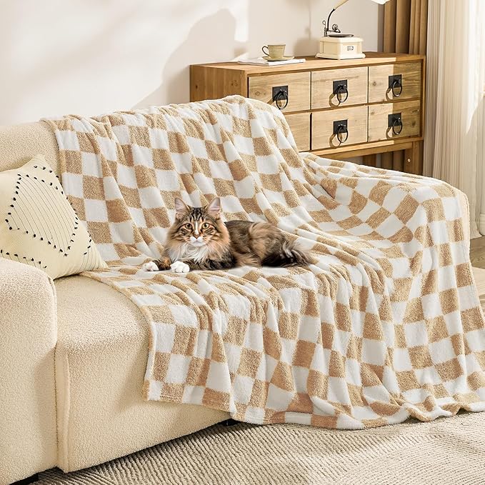 EMME Checkered Blanket Throw - 50"x60" Beige Knit Blanket Soft Fluffy Patterned Throw Blankets for Couch, Sofa, Chair, Bed, Camping, Picnic, Travel