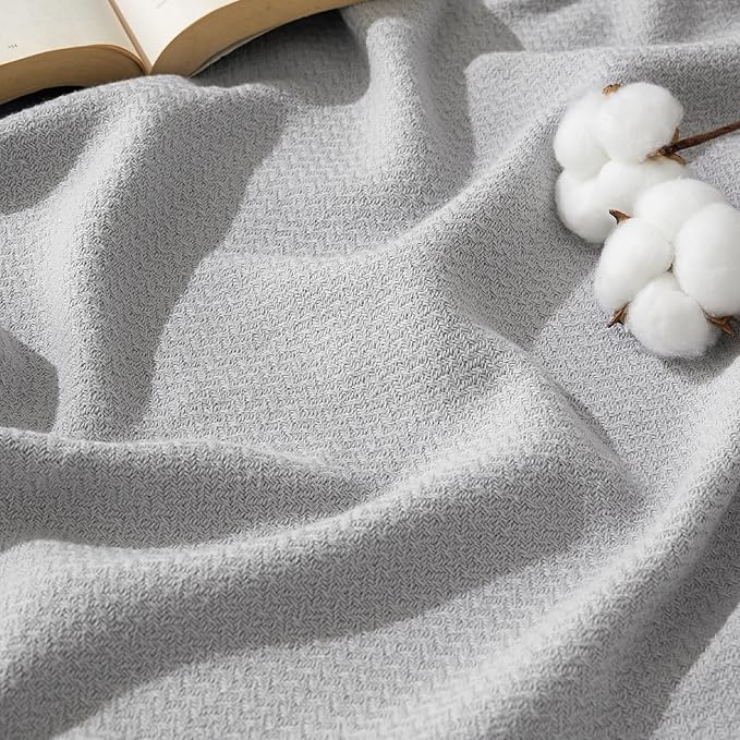 Bedsure GentleSoft 100% Cotton Blanket Queen Size for Bed - Breathable and Lightweight, Soft Cozy Textured Herringbone Woven Blanket for Summer Spring, Cool Grey, 90x90 inches