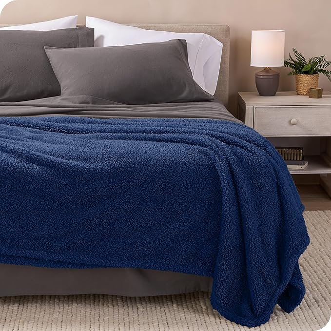 Bare Home Faux Shearling Blanket - Blanket for Bed, Sofa, Couch, Camping, Travel, and Gifts - Warm & Lightweight Throw - Fluffy & Soft (Twin/Twin XL, Solid Dark Blue)