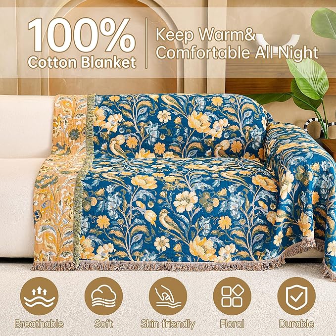 Boho Throw Blanket King, 100% Organic Cotton Breathable Ultra Soft 91" x 98" Bed Quilt Throw - All Season Floral Rustic Farmhouse Decor Reversible Blanket for Sofa Couch Chair and Gift
