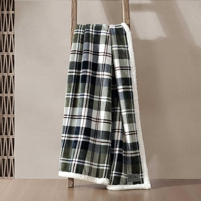 Eddie Bauer - Throw Blanket, Ultra-Soft Plush Bedding with Faux Shearling Reverse, Throw Blanket for Couch & Bed (Trailhead Plaid Green, 50" x 60")