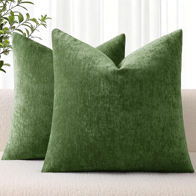 decorUhome Chenille Moss Green Throw Pillow Covers 26x26 Inch Set of 2, Decorative Soft Couch Pillow Covers Solid Dyed Accent Farmhouse Neutral Square Pillow Cases for Sofa