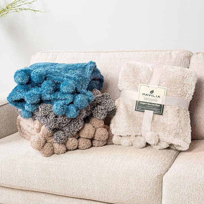 PAVILIA Cream Sherpa Throw Blanket for Couch, Warm Plush Pom Pom Blanket Throw Twin, Ivory Fuzzy Sofa Blanket Throw for Bed, Lightweight Soft Cozy Fluffy Blanket with Pom Poms, Beige, 60x80