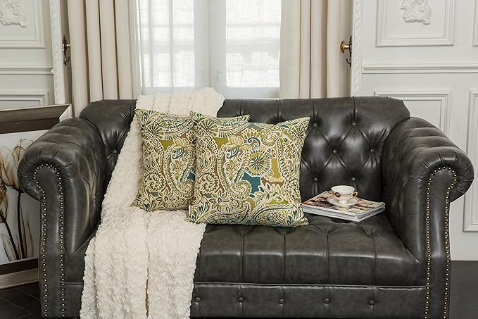 Mika Home Pack of 2 Throw Pillow Covers Decorative Pillow Shells for Sofa Couch, Paisley Pattern, 22x22 Inches,Green Brown Cream Multicolor
