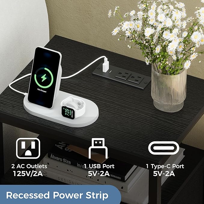 DUMOS Nightstand Set of 2 with Built in Charging Station USB Ports and Outlets Adjustable Fabric Drawer Storage Bedside Table with Open Shelf for Bedroom,Black and Brown