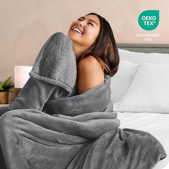 Bare Home Sherpa Fleece Blanket - Twin/Twin Extra Long - Blanket for Bed, Sofa, and Couch - Warm & Lightweight - Fluffy & Soft - Reversible (Twin/Twin XL, Grey with Grey Sherpa)