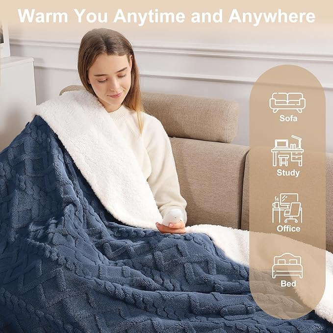 Electric Blanket Twin Heated Blanket 62''X84'' with 5 Heating Levels & 10 Hours Auto Off, ETL& FCC Certification Dual Sherpa Twin Heating Blanket Washable for Home/Office/Bed, Great Gift(Navy Blue)