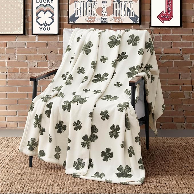 Lucky Brand 50" x 70" Plush Throw Blanket, Clover Ivory Blanket for Sofa or Bed