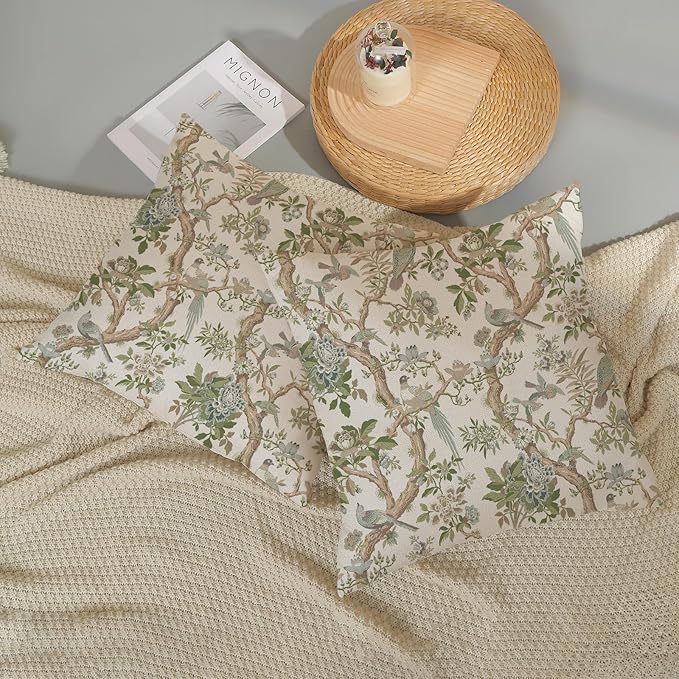 Green Floral Bird Pillow Covers 18x18 Set of 2 Chinoiserie Throw Pillows Green Vintage Flowers Bird Decorative Pillow Cases Outdoor Chinoiserie Decor Farmhouse Cushion Case for Couch Sofa