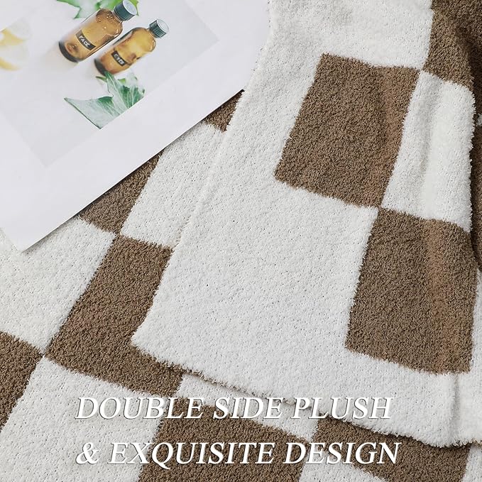 bearberry Fuzzy Checkerboard Grid Throw Blanket Knitted Soft Cozy Warm Microfiber Blanket Decor for Couch Sofa Bed Travel Home (Mocha, 40''x50'')