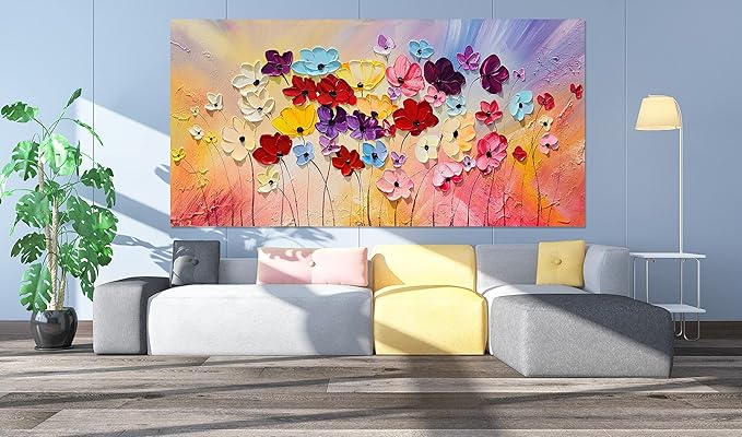 SYGALLERIER Colorful Floral Canvas Wall Art Hand Painted 3D Flower Artwork Frameds Modern Abstract Landscape Painting Textured Flower Pictures for Living Room Bedroom Bathroom Decor