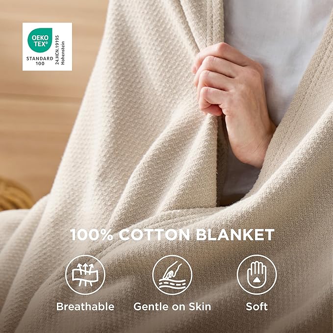 Bedsure GentleSoft 100% Cotton Large Throw Blanket for Couch 50x70 inches - Breathable and Lightweight, Soft Cozy Herringbone Woven Cotton Throw for Summer Spring, Linen Beige Office Chair Blanket