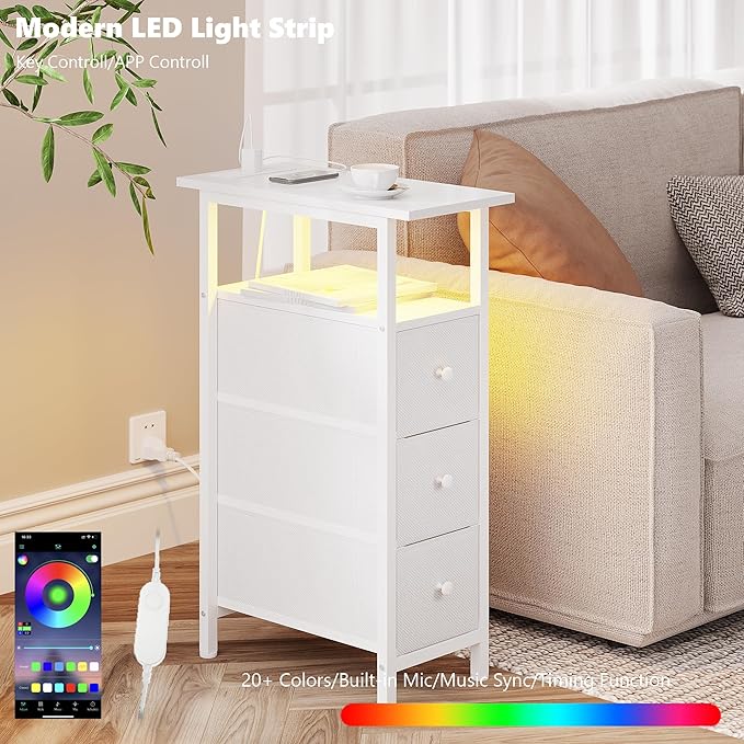End Table with Charging Station, Narrow Side Table with 3 Fabric Drawers, Skinny Nightstand with LED Light, Slim Bedside Table for Bedroom, Living Room, Small Spaces, White