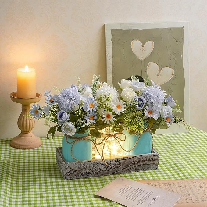 Mason Jar Lights Centerpiece Table Decor for Dining Room Farmhouse Wood Tray with 3 Jars Blue Flowers Valentines Day Decoration for Coffee Table Kitchen Living Room Wedding Spring Decoration