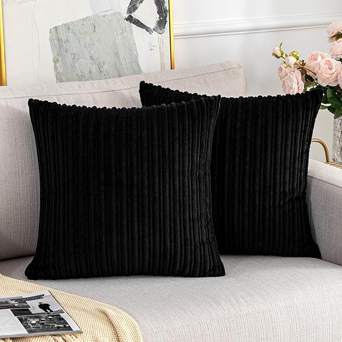 UGASA Super Soft Plush Corduroy Pillow Covers Solid Textured Large Throw Euro Pillow Sham Cushion Cover for Couch Floor, 2 Pcs, 18 x 18(45cm), Black