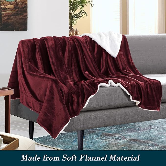 Mocassi Premium Ultra-Soft Velvet Touch Flannel Fleece Sherpa Throw - Warm Cozy Reversible Plush Micromink Throw Blanket for Couch, Bed and Sofa - Fluffy, Christmas Winter Bedding Gift, Burgundy